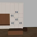 White Storage Cabinet with Numbered Compartments Open Brown Interior and Padded Stools on Wooden Floor