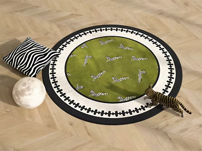 Round Green Carpet with Dream Text Black White Border and Zebra Print Pillow Tiger Toy 3d model
