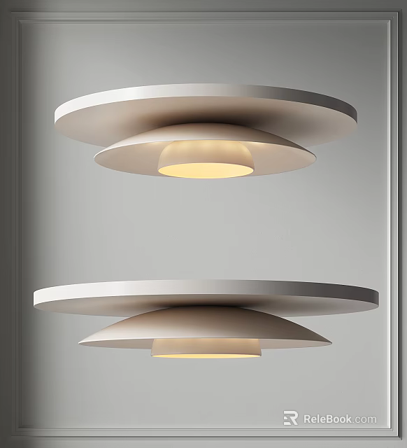 Double Modern Disc Shaped Chandeliers With Warm Bright Illumination In Minimalist Interior 3d model 