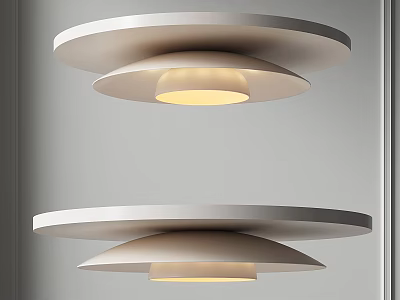 Double Modern Disc Shaped Chandeliers With Warm Bright Illumination In Minimalist Interior 3d model