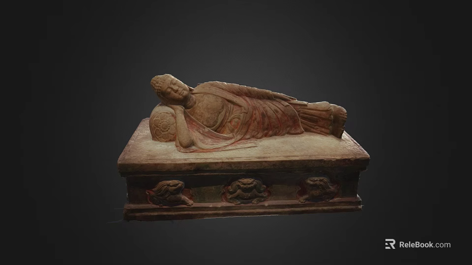 Reclining Buddha Stone Sculpture with Intricate Carved Base and Decorative Details 3d model 