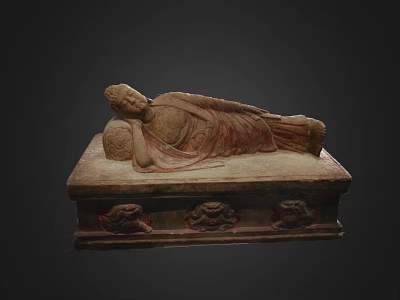 Reclining Buddha Stone Sculpture with Intricate Carved Base and Decorative Details 3d model