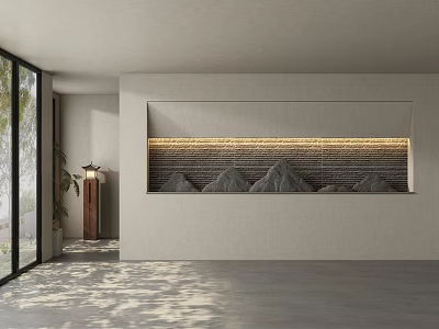 Modern Sofa Wall with Built-in Mountain Decor Light Strips Near Glass Windows and Green Plants 3d model