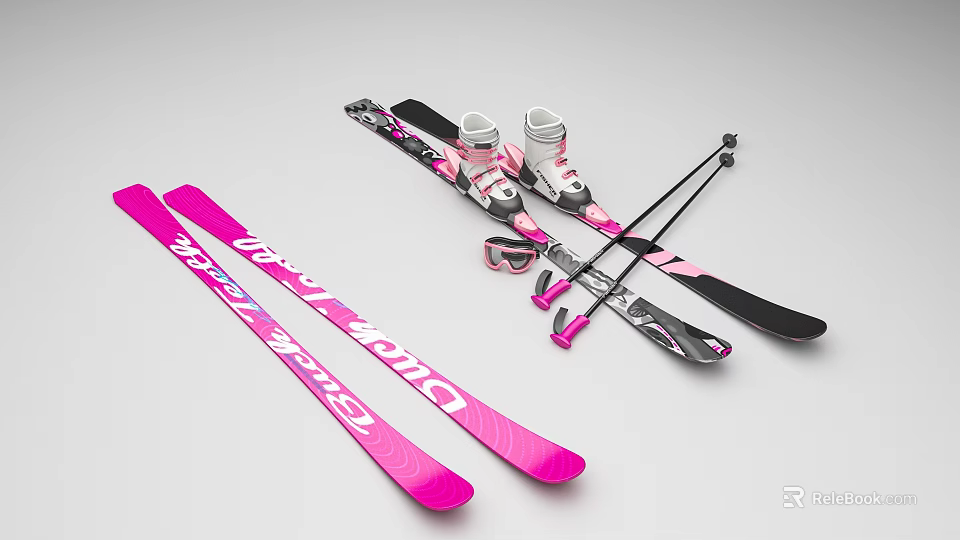 High Quality Pink Ski Sports Equipment With Skis Boots Poles And Goggles 3d model 