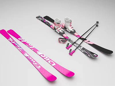 High Quality Pink Ski Sports Equipment With Skis Boots Poles And Goggles 3d model