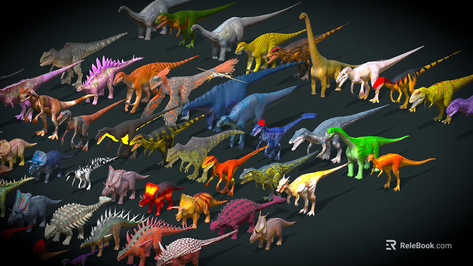 Various Colorful Dinosaur Reptile Models of Different Species Gathered Together 3d model 