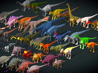 Various Colorful Dinosaur Reptile Models of Different Species Gathered Together 3d model
