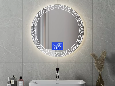 Bathroom Washbasin with Round Backlit Ornate Mirror Digital Display Temperature Time Gray Tiled Wall Accessories 3d model
