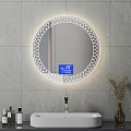 Bathroom Washbasin with Round Backlit Ornate Mirror Digital Display Temperature Time Gray Tiled Wall Accessories