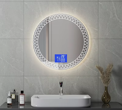 Bathroom Washbasin with Round Backlit Ornate Mirror Digital Display Temperature Time Gray Tiled Wall Accessories 3d model