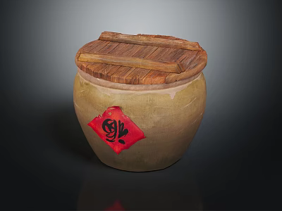 Traditional Clay Jar With Wooden Lid And Red Fu Character As Daily Life Item 3d model