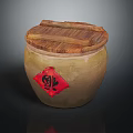 Traditional Clay Jar With Wooden Lid And Red Fu Character As Daily Life Item