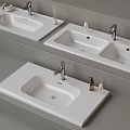 Modern White Bathroom Washbasins With Black Faucets And Toiletries Accessories
