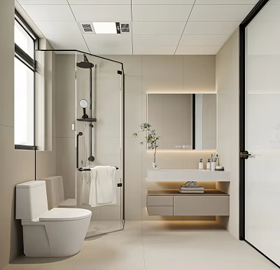Modern Bathroom Interior Design With Glass Shower Enclosure Vanity Mirror Toilet Plant And Ambient Lighting 3d model