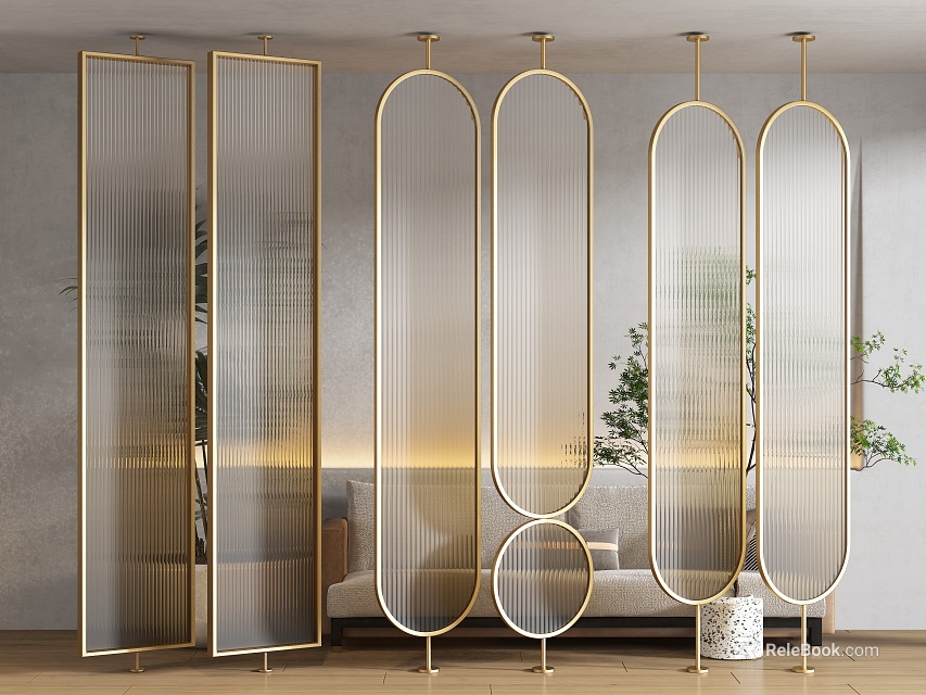 Modern Stylish Glass Room Dividers With Golden Frames In Living Room Interior 3d model 