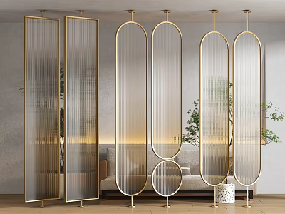 Modern Stylish Glass Room Dividers With Golden Frames In Living Room Interior 3d model