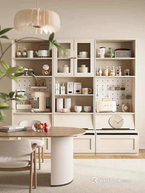 Modern Sideboard Design With Open Shelves Dishes Cups Bottles Clock And Green Plant 3d model 