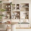 Modern Sideboard Design With Open Shelves Dishes Cups Bottles Clock And Green Plant