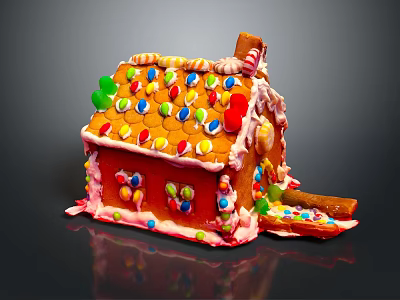 Cartoon Scene Gingerbread House With Colorful Candies On Roof And Frosting Decorations 3d model