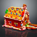 Cartoon Scene Gingerbread House With Colorful Candies On Roof And Frosting Decorations