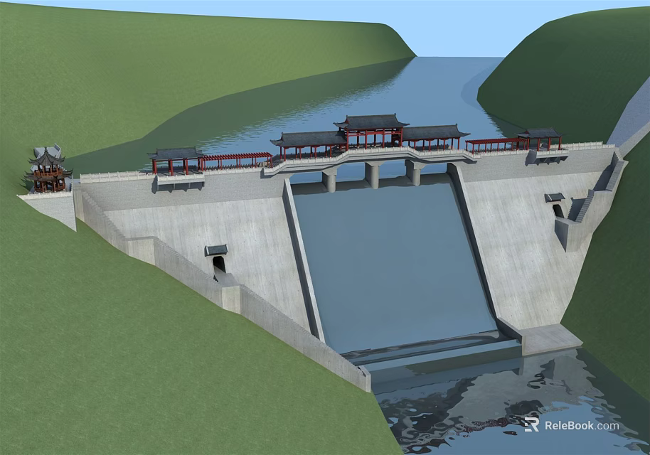 Concrete Dam Structure With River Flow Green Hills And Traditional Chinese Pavilions 3d model 
