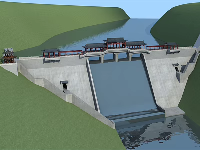 Concrete Dam Structure With River Flow Green Hills And Traditional Chinese Pavilions 3d model