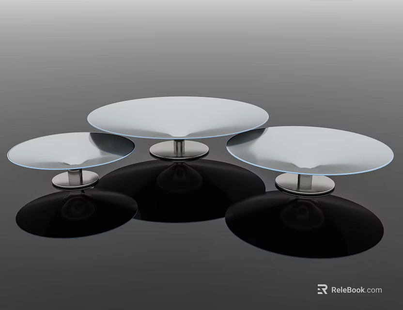 Modern Round Clear Glass Top Coffee Table Set With Glossy Black Bases For Living Room 3d model 