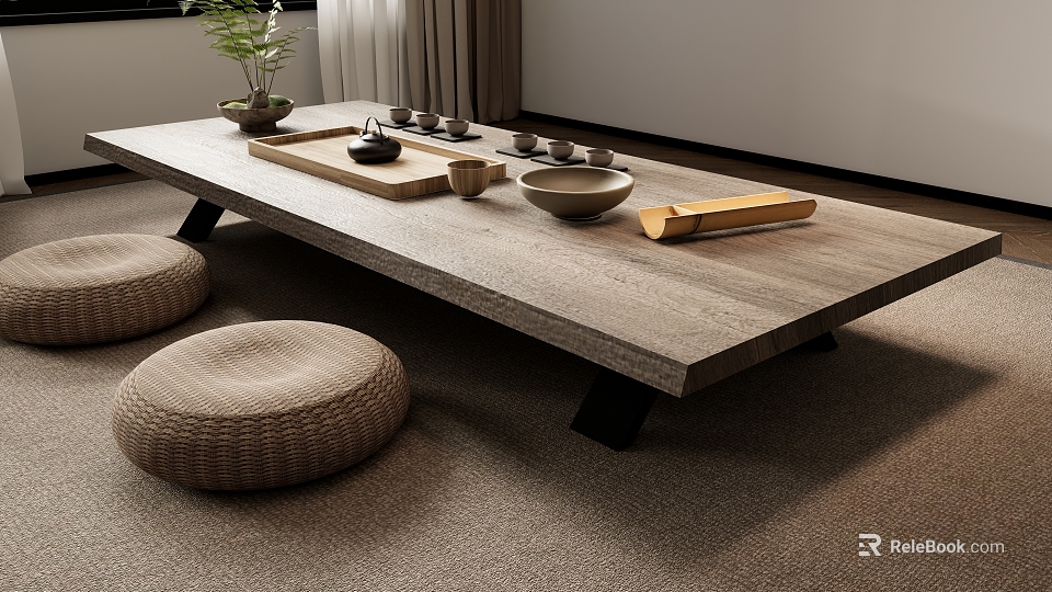 Minimalist Natural Wooden Tea Table with Round Floor Cushions Tea Tray Cups and Potted Plant 3d model 