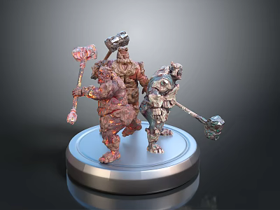 Fantasy Figure Models Three Characters With Hammers And Staffs On Silver Circular Base 3d model
