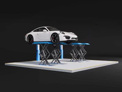Heavy Duty Blue Industrial Vehicle Lift Platform Lifting White Porsche Car 3d model