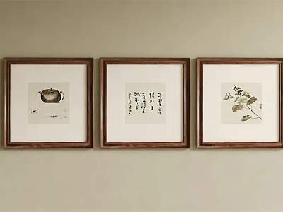 Three Wooden Framed Artworks On Wall With Teapot Calligraphy And Plant Leaves 3d model