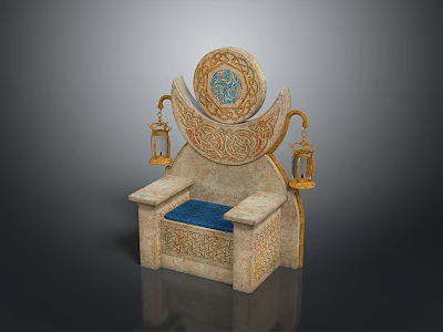Ornate Moon Shaped Chair With Intricate Carvings Blue Cushioned Seat And Lantern Accents 3d model