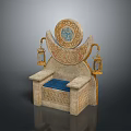 Ornate Moon Shaped Chair With Intricate Carvings Blue Cushioned Seat And Lantern Accents