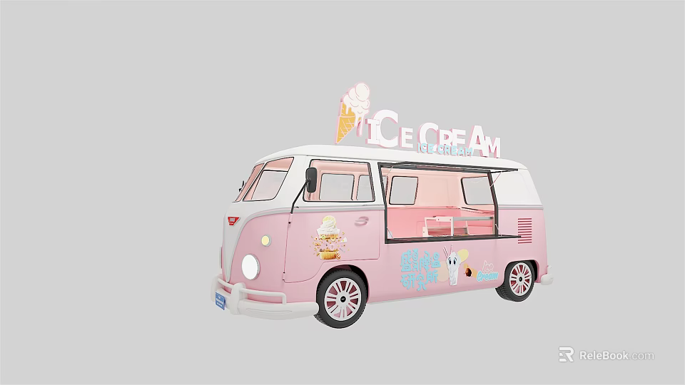 Pink ice cream van with ice cream cone decoration and open display window 3d model 