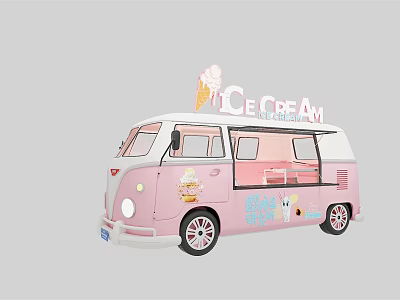 Pink ice cream van with ice cream cone decoration and open display window 3d model