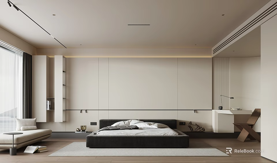 Modern Minimalist Bedroom Interior Design With Neutral Accent Wall Platform Bed And Area Rug 3d model 