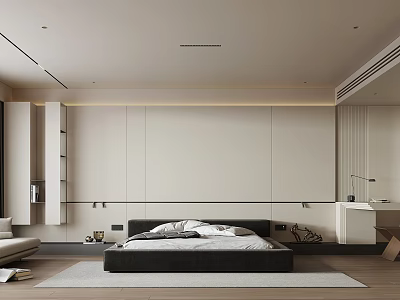 Modern Minimalist Bedroom Interior Design With Neutral Accent Wall Platform Bed And Area Rug 3d model
