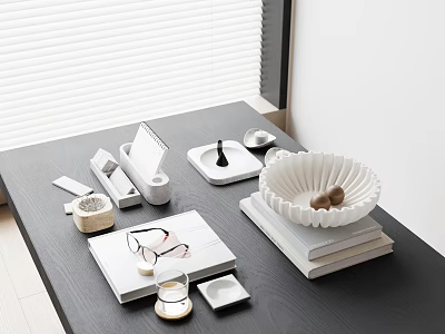 Modern Black Table With Books Bowl Glass Tissue Box Mouse Pad And Window Blinds 3d model