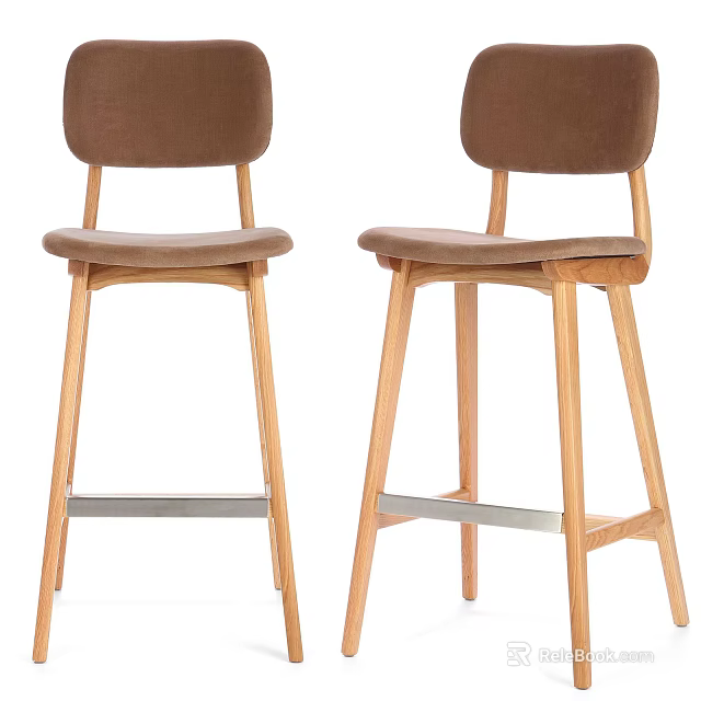 Modern Brown Bar Stools With Wooden Legs And Upholstered Seats For Kitchen Space 3d model 