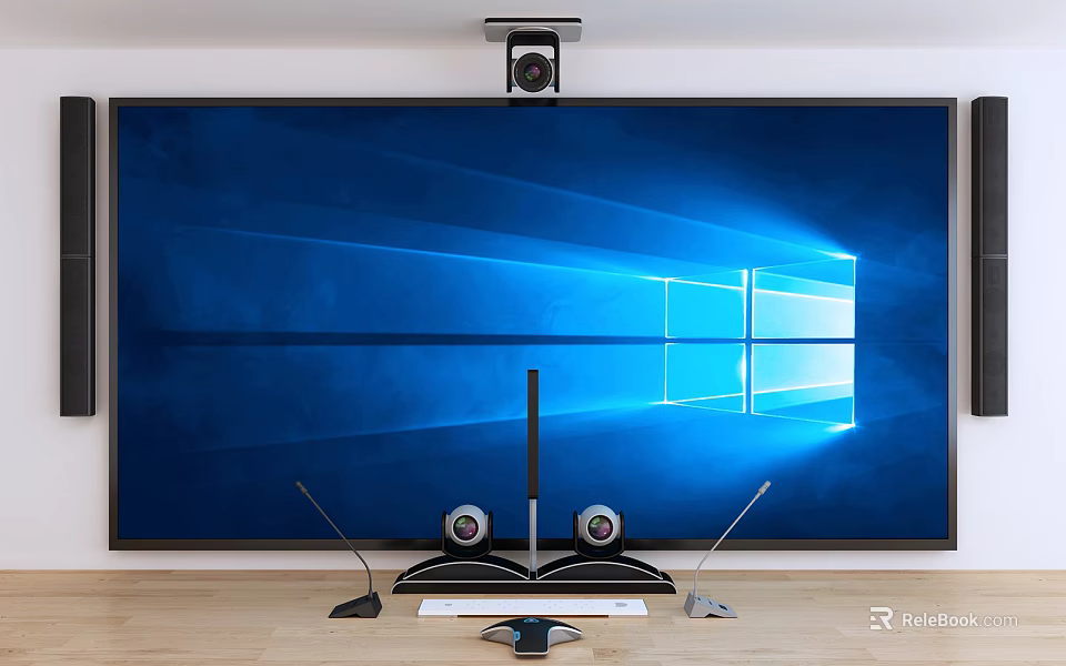 Projection Monitoring Setup With Large Screen Projector And Conference Room Microphones 3d model 