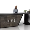 Loft Style Reception Desk With Stone Tile Front Side Table Potted Plant And Wine Bottles