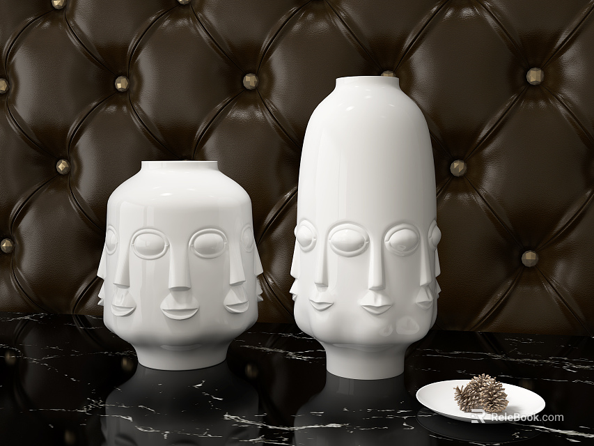 Elegant White Ceramic Vases with Face Motifs on Brown Leather Background and Black Marble Table 3d model 