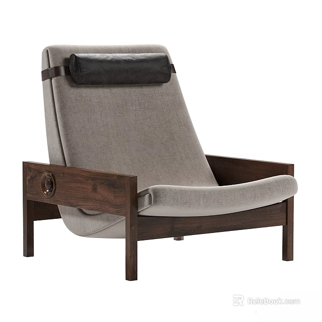 Modern Accent Chair With Gray Upholstery Dark Wooden Frame And Black Leather Cushion 3d model 