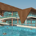 Modern Cultural Center Building With Wooden Roof Glass Curtain Walls And Water Reflections