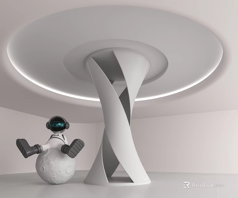 Spiral Column Interior Design With Astronaut Sitting On Planet And Ceiling Lighting 3d model 