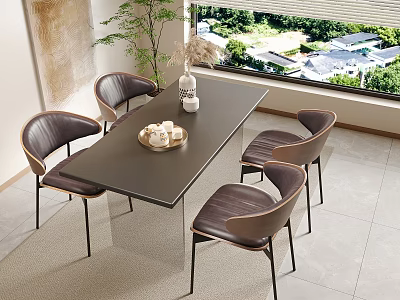 Modern Dark Dining Table With Leather Chairs And Metal Legs Near Window Greenery 3d model