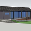 Wooden House With Black Roof Large Windows Blue Curtains Green Lawn And Covered Deck