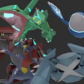 Colorful 3D Character Designs With Green Red Blue And Gray Mechanical Features