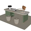 Light Green Modern Desk With Marble Top Laptop Open Book Brown Chair And White Stools