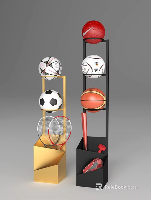 Sports Gear Storage Shelf with Yellow Black Frame Holding Soccer Ball Basketball Badminton Rackets 3d model 